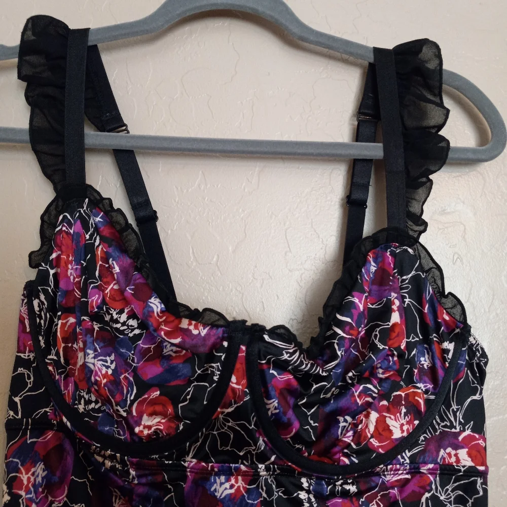 Torrid Satin Floral Ruffle Thong Bodysuit